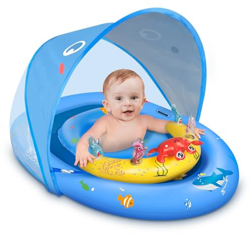 LAYCOL Schwimmring Baby mit UPF50+ Sonnenschutzdach & Spielzeug, Verstellbarer Sicherheitssitz, Kleinkind Pool Schwimmring für 6-36 Monate (Blau)