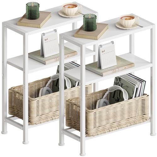 Vantimo Schmaler Beistelltisch, Nachttisch, 2er Set, 3 Ablagen Nachttisch Schmal mit Stauraum, Sofa beistelltisch für schmale Räume, für Wohnzimmer, Schlafzimmer, Küche &Balkon, Arbeitszimmer (Weiß)