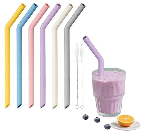 6PCS Bent Silicone Straws for Boba, Caliber 0.55 inches Extra Wide Reusable Silicone Straws with 2 Cleaning Brushes Colored Safe Eco-Friendly Bent for Bubble Tea Shake Juice Thick Drinks