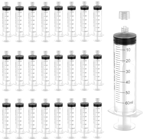 25 Stück 60ml Spritzen, Einzeln Verpackt, PlastikSpritze Ohne Nadel | Luer Lock Spritze für Wissenschaftlich Labore, Tierfütterung, Measuring Liquids und Feine Dosierungen, Messspritze, Weiß