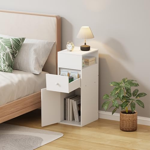 Rainbow Tree Narrow Bedside Table with Drawer&Open Shelf, Slim Cabinet 25cm for Small Space, Nightstand End Side Table for Bedroom (1 Drawer 1 Door White, 25Wx30Dx66.5H cm)