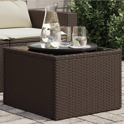 Woonisher Mesa de jardín Superficie Cristal ratán PE marrón 55x55x37 cm