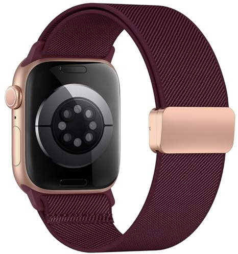 Elastisches Armband für Apple Watch Armband 40mm 44mm 42mm 46mm 41mm 45 38 | Magnetic Closure Nylon Sport loop für iWatch Series 11 10 9 8 7 6 5 4 3 2 1 Ultra SE Damen Herren, Burgunderrot