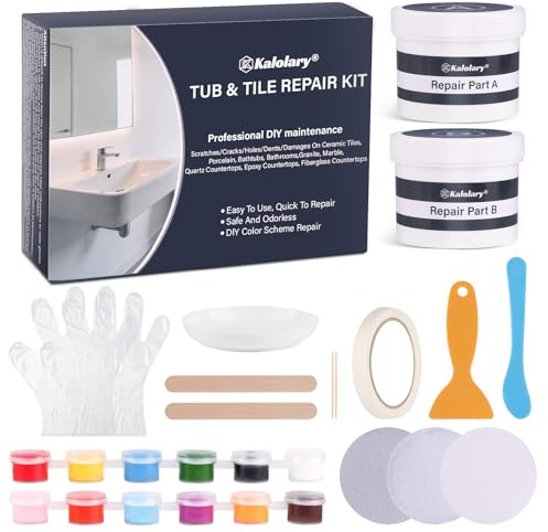 Kalolary Tub Repair Kit with 12 Colour Match Pigments, Bathtub Repair Kit | Chip Crack Repair Kit for Fibreglass, Acrylic, Enamel and Porcelain, Bathroom Repair Kit for Bath, Sink, Shower Tray, Toilet