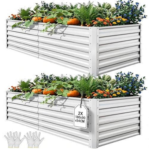 YITAHOME 2 jardinières surélevées métal 180x90x60cm, kit de jardinières surélevées Acier Inoxydable au Zinc-Aluminium-magnésium renforcé, pour Le Jardin, avec Tuteurs et Gants Argent