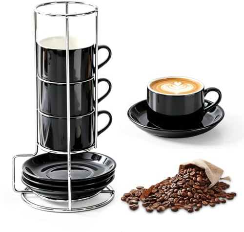 XPJBKC Espressotassen 4er Set, 100ml Espresso Tassen Set, Espressotassen mit Untertassen and Ständer, Spülmaschinengeeignet, Stapelbar Kaffeebecher Keramik Kaffeetassen Set für Cappuccino, Latte Tee