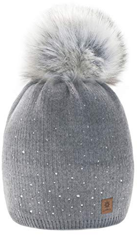 morefaz Wurm Winter Strickmütze Mütze Damen Kristalle Kiesel mit Große Bommel Pompon l SKI (Gray) (MFAZ Ltd)
