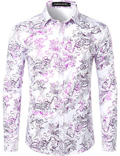 PARKLEES Chemise de luxe pour homme, imprimé élégant, coupe ajustée, boutonnée Motif cachemire doré brillant, blanc/violet, S