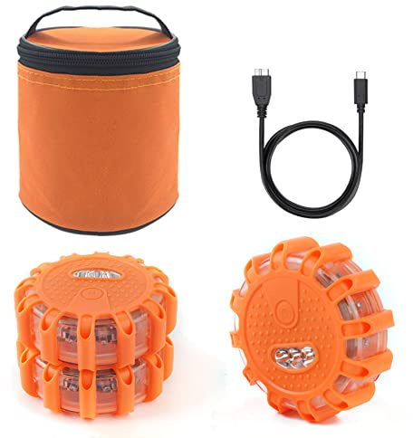 Ecoangel USB Rechargeable LED Road Flares Emergency Lights-Roadside Warning Car Safety Beacon Flashing Disc Flare Kit with Magnetic Base for Vehicles & Boat | 3 Beacon Disc Pack
