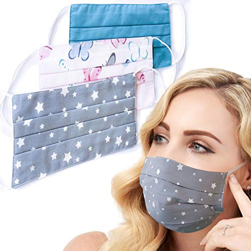 Lilind® 3x Masques faciaux, Tissu Respirant, Fait main, Réutilisable, Lavable 100% coton Rose-Bleu