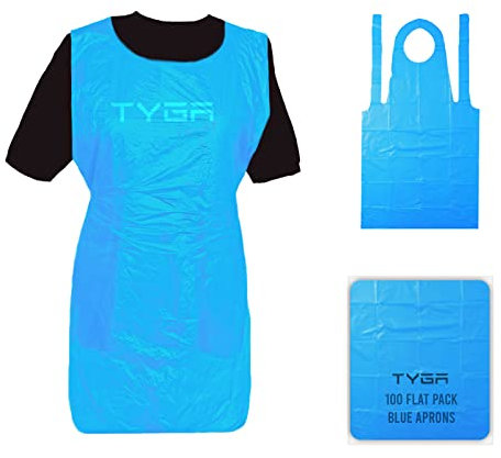 TYGA Store | 100 Disposable Blue Aprons - Apron for Medical, Cleaning, Painting, Hairdressers, Baking & Chefs - PPE (Blue) (Flat Pack 100)