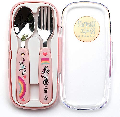 Tyrrell Katz Kids Unicorns Printed 2 Piece Cutlery Set in Pink with Case - Dishwasher Safe Flatware Children's Fork and Spoon - 15 x 8 x 2 cm
