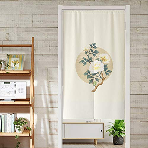 Hiseng Chinoiserie Floral Print Doorway Curtain, Cotton Linen Japanese Partition Noren Home Door Decoration, Bedroom Kitchen Restaurant Bathroom Hanging Curtain (White Peony,90x180cm)
