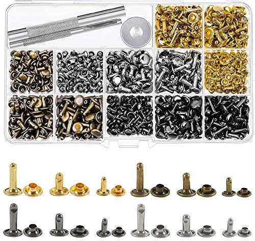 Mesee 420 Sets Leder Nieten Set, Leder Nieten Doppelkappe Nieten, Metall Doppelkappe Rive Metall Ohrstecker Hohlnieten mit 3 Fixing Werkzeug Kit für DIY Lederhandwerk Reparaturen Dekoration