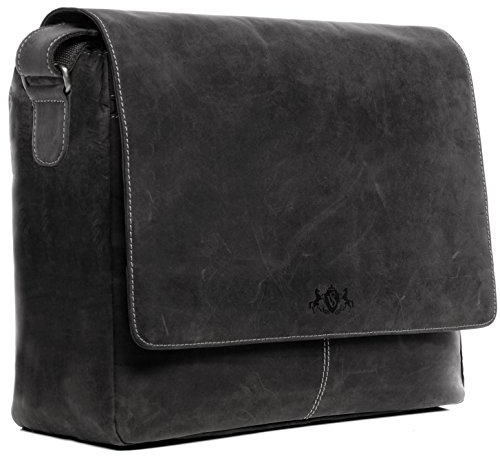 SID & VAIN Laptoptasche Messenger Bag Spencer aus Büffel-Leder I Business-Tasche XL groß für Herren 15 Zoll extra Laptop-Hülle I Umhängetasche grau handgefertigt