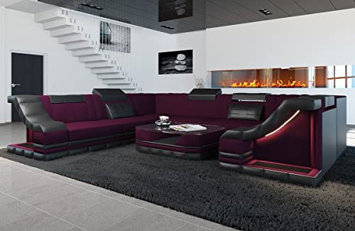 Sofa Dreams Stoff Wohnlandschaft Bianchi - mit LED Beleuchtung, verstellbare Kopfstützen, Mikrofaser/Ausrichtung wählbar (Lange Seite Links, Schwarz-Lila)