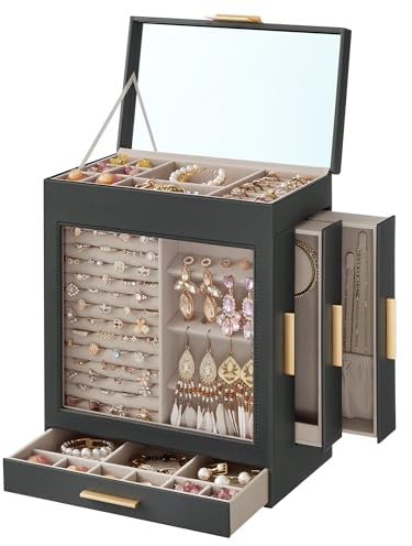 SONGMICS Jewelry Box with Glass Window, 5-Layer Jewelry Organizer with 3 Side Drawers, Jewelry Storage, with Big Mirror, Modern, 6.1 x 10.3 x 12.6 Inches, Slate Gray and Metallic Gold UJBC162G01
