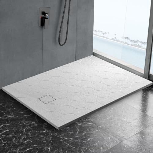 Rainsworth SMC Duschwanne 120x90 cm, Rechteckig Duschwanne mit Abdeckung, Duschtasse Steinoptik mit Antirutsch Sechseckige Textur, Weiß Duschbecken