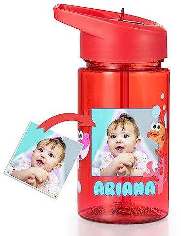 Wanapix | Botella Infantil Personalizada| Botella de Agua para Niños | Con Pajita y Asa Transporte | Colegio/Guardería | Plástico Libre BPA | 440 ml | Rojo - Shark
