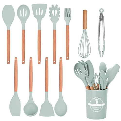 HYTTER - Juego de 12 utensilios de cocina de silicona con mango de madera, resistentes al calor, antiadherentes, espátula, cuchara, apto para lavavajillas, mejores herramientas de cocina (Verde)