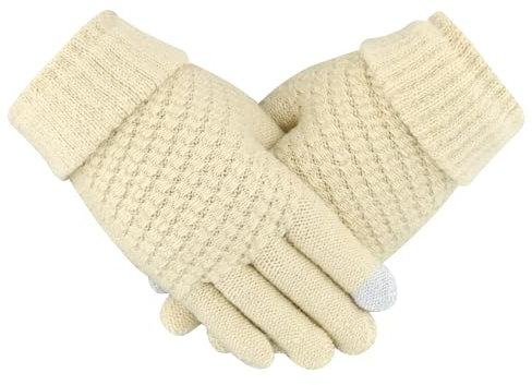 Gukasxi Gestrickte Thermo Handschuhe für Damen, Touchscreen Winterhandschuhe, Dickes Fleece Gefüttert Gestrickte Fäustlinge Handschuhe, Winddicht Warmhalten (Beige)
