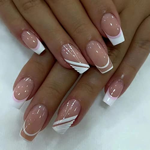 JUSTOTRY 24 Pcs White French Press on Nails Medium Designs,Pink False Nails Square,Pretty Stick on Nails for Women and Teens,Glossy Squoval Fake Nail for Girls Nail Art