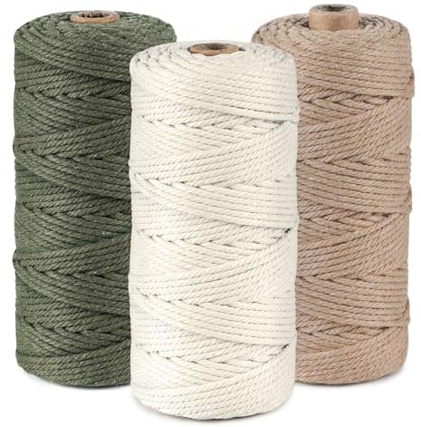 Makramee Garn 3er Set,Weiche Baumwollgarn Baumwollschnur Makramee 3mm für DIY Projekte - 3 x 100m Baumwolle Baumwollkordel zum Makramee Wandbehang, Traumfänger, Blumenampel,Militärgrün+Hellbraun+Beige
