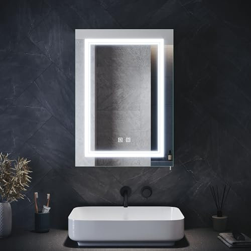 ELEGANT 500 x 700mm Mirrored Bathroom Cabinets Wall Mounted with Shaver Socket Single Door Bathroom Mirror Cabinet with Led Lights, Touch Swith, Dimmable, Defogger