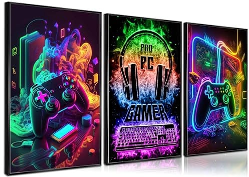 3Pcs Cool Gaming Wall Art Retro Video Gamer Watercolor Posters Pictures Colorful Neon Canvas Painting Prints for Boys Room Kids Bedroom Home Decoration 16x24in
