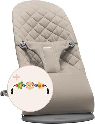 BabyBjörn Babywippe Bliss, Gewebt, Klassische Steppung, Sandgrau, inklusive Spielzeug, Fröhliche Augen