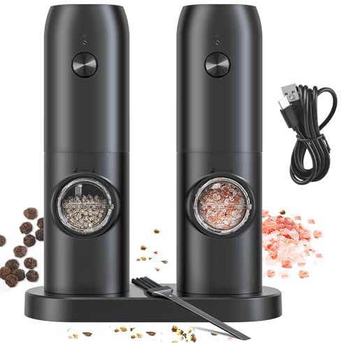 Electric Salt and Pepper Grinder Set, RIGHTWELL 2 PCS USB Rechargeable Pepper Grinder with Base and LED Light, Adjustable Coarseness Ceramic Core Pepper Mill for Kitchen, BBQ, Camping,70ml, Black