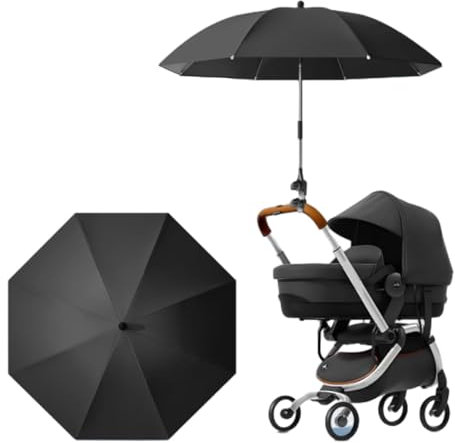 Universeller UV-Sonnenschirm für Kinderwagen und Buggy, 2024, mit verstellbarer Befestigungsklemme, schwarz, 85 cm