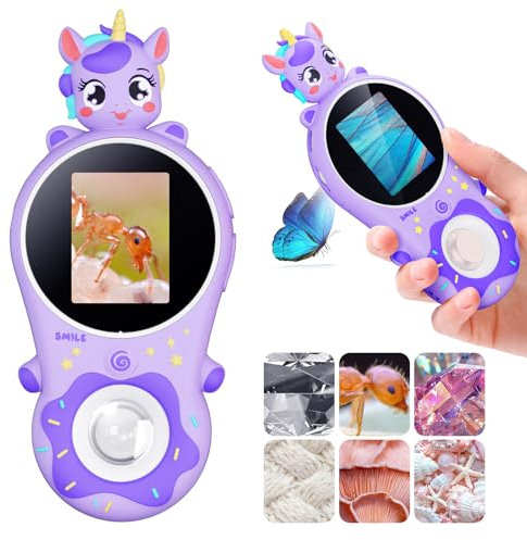 [Morado] Microscopio de Mano 200X para niños, microscopio de Bolsillo con Pantalla IPS de 2,0'' y 8 LED, microscopio portátil Recargable, PC Compatible - Juguetes niños niños