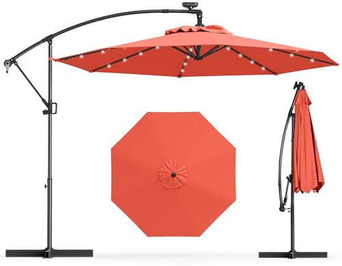 GOPLUS 3M Parasol Deporte avec 32 LED Solaires, Parasol de Jardin Extérieur 8 Baleines avec Tissu Protection Solaire, Parasol Inclinable Rotatif à 360° pour Patio, Terrasse, Base Non Incluse (Orange)