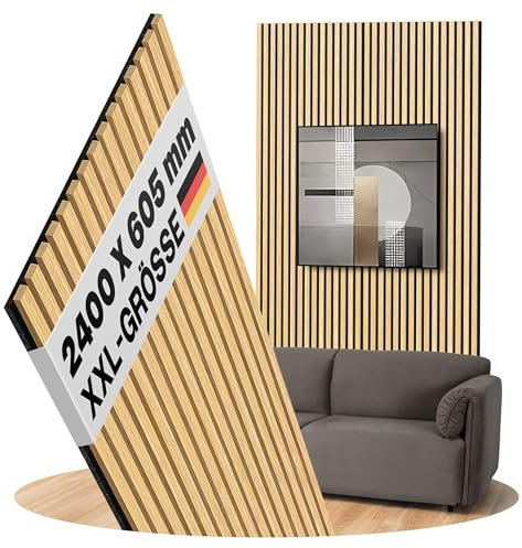 Akustikpaneele Eiche Natur Hell Holz Wandpaneele als Wandverkleidung Filz Schwarz, Oberfläche: Echtholz Format: 2400 x 605 mm - Lamellenbreite: 21 mm (Eiche Natur Hell, 2400 x 605 mm)