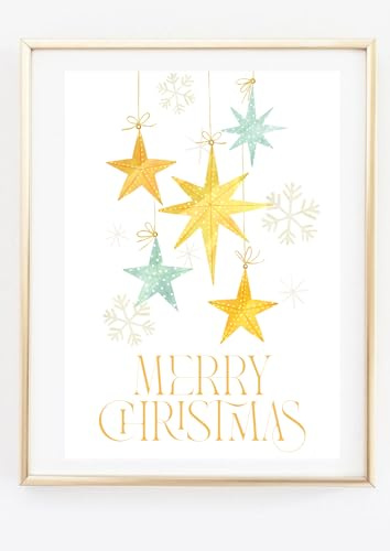 Din A4 Kunstdruck ohne Rahmen - Frohe Weihnachten - Merry Christmas - Weihnachstkugeln Sterne Kristalle Aquarell - Druck Poster Bild