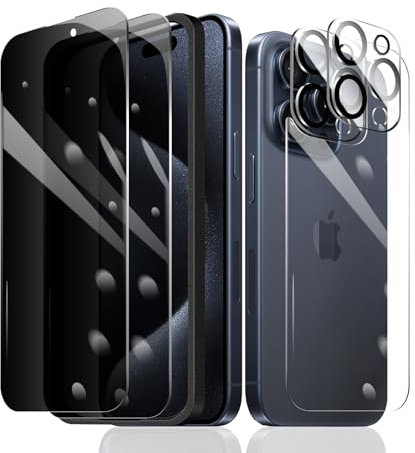 Fylnatc 2×Privacy Screen Protector for iPhone 15 Pro Max + 2×Camera Lens Protector + 1×Back Tempered Glass Film + 1×Installation Frame, Anti Spy 9H Hardness Bubble Free Impact-Private Protection