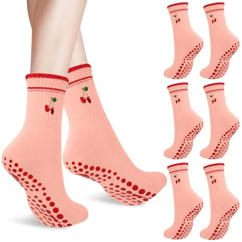 EKKONG 3 paia di Calzini Pilates Donna con Ciliegie Ricamate, Calze Antiscivolo 36-42, Calzini Sportivi con Puntini in Gomma per Yoga, Pilates, Balletto, Danza, Fitness