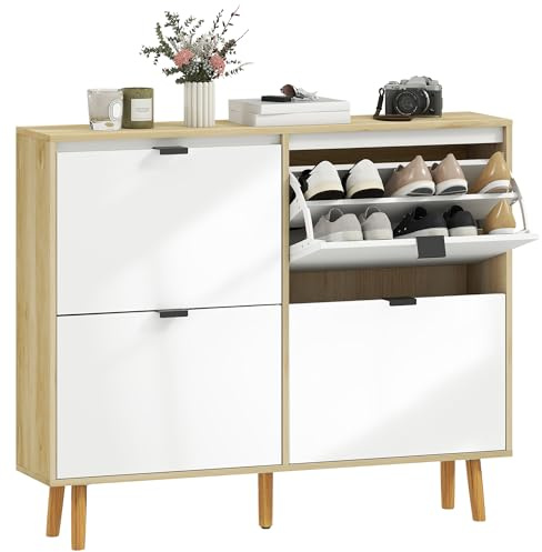 HOMCOM Meuble à Chaussures 20 Paires, Porte Haute Brillante, Armoire à Chaussures étroite avec 4 tiroirs rabattables et étagères réglables, Style Moderne, pour Couloir, entrée, 105x24x92,5cm, Blanc