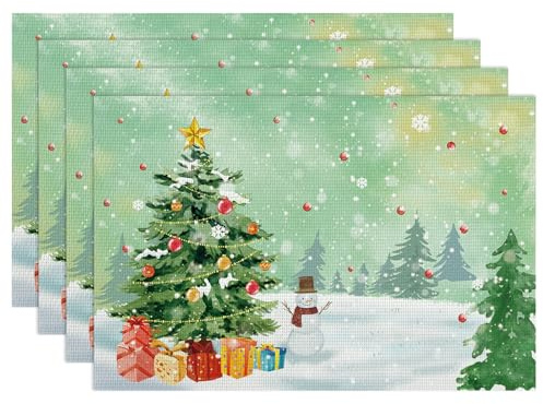 Weihnachtsbaum Schneemann Tischsets 4er Set, Abwaschbar Weihnachten Platzsets PVC Platzdeckchen rutschfest hitzebeständig, Weihnacht Dekor für Küche Esstisch Urlaub Party 30x45cm