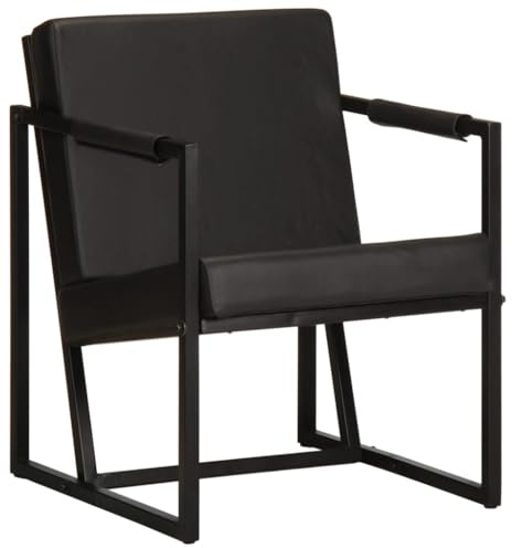 Mandloder Sessel Schwarz Echtleder, Komfortabler Loungesessel mit Armlehnen, Robuster Akzentsessel für Wohnzimmer, Modernes Design, 55x62x75 cm