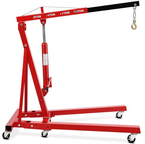 Crevyteg Heavy Duty 2 Ton Folding Hydraulic Engine Hoist Cherry Picker - 4400lbs Capacity - 6 Casters - Ideal for Car Repair, Garage & Workshop - Red