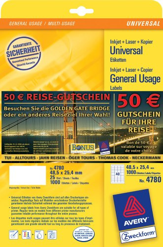 Avery Zweckform, 4780, Universal-Etikett 48,5x25,4mm, 25 Blatt, AKTIONSARTIKEL: inkl. gratis 50 € Reise-Gutschein