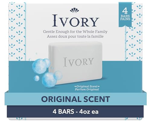 Ivory Gentle Bath Bar Soap, Designed for Whole Family, 99.44% Pure Formula with Plant-Based Cleansers, Made Without Heavy Perfumes, Parabens or Phthalates, Original Scent, 4.0 oz (4 Count)