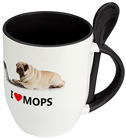 digital print Hundetasse Mops - Löffel-Tasse mit Hundebild Mops - Becher, Kaffeetasse, Kaffeebecher, Mug - Schwarz
