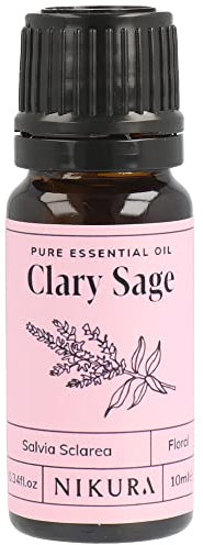 Nikura Clary Sage Essential Oil - 10ml | 100% Pure Natural Oils | Perfect for Aromatherapy, Diffusers, Humidifier, Bath | Great for Self Care, Stress Relief, Calming | Vegan & UK Made