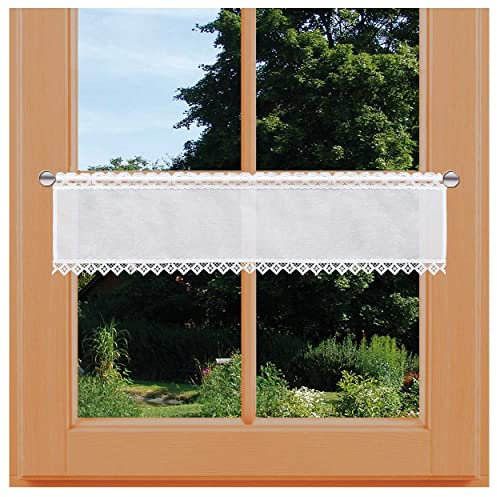 Feenhausgardine Lavina mit Vogtländischer Spitze Landhaus-Scheibengardine in weiß | kurzer Scheibenhänger mit moderner Stickerei-Kante | handgefertigte Kurzgardine | Spitzengardine HxB 20 x 132 cm