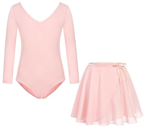 FONLAM Ballettkleid Ballettkleidung Mädchen Langarm Tanzkleid Turnanzug Balletttrikot Tanzbody Baumwolle Ballettrock Kinder (6-7 Jahre, Rosa)
