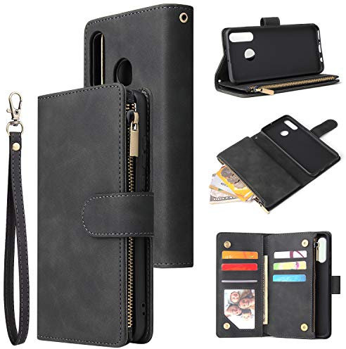 Jorisa Cerniera Portafoglio Cover per Huawei P30 Lite,Flip Affari Custodia con Porta Carte di Credito,Antiurto Libro Pelle PU Cover con Funzione Support e Morsetto Magnetico,Nero