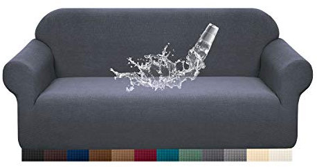 Granbest Premuim Water Repellent Sofa Covers 2 Seater 1 Piece Stretch Loveseat Sofa Covers Non Slip Love Seat Covers for Living Room Jacquard Spandex Furniture Protector (2 Seater, Grey)